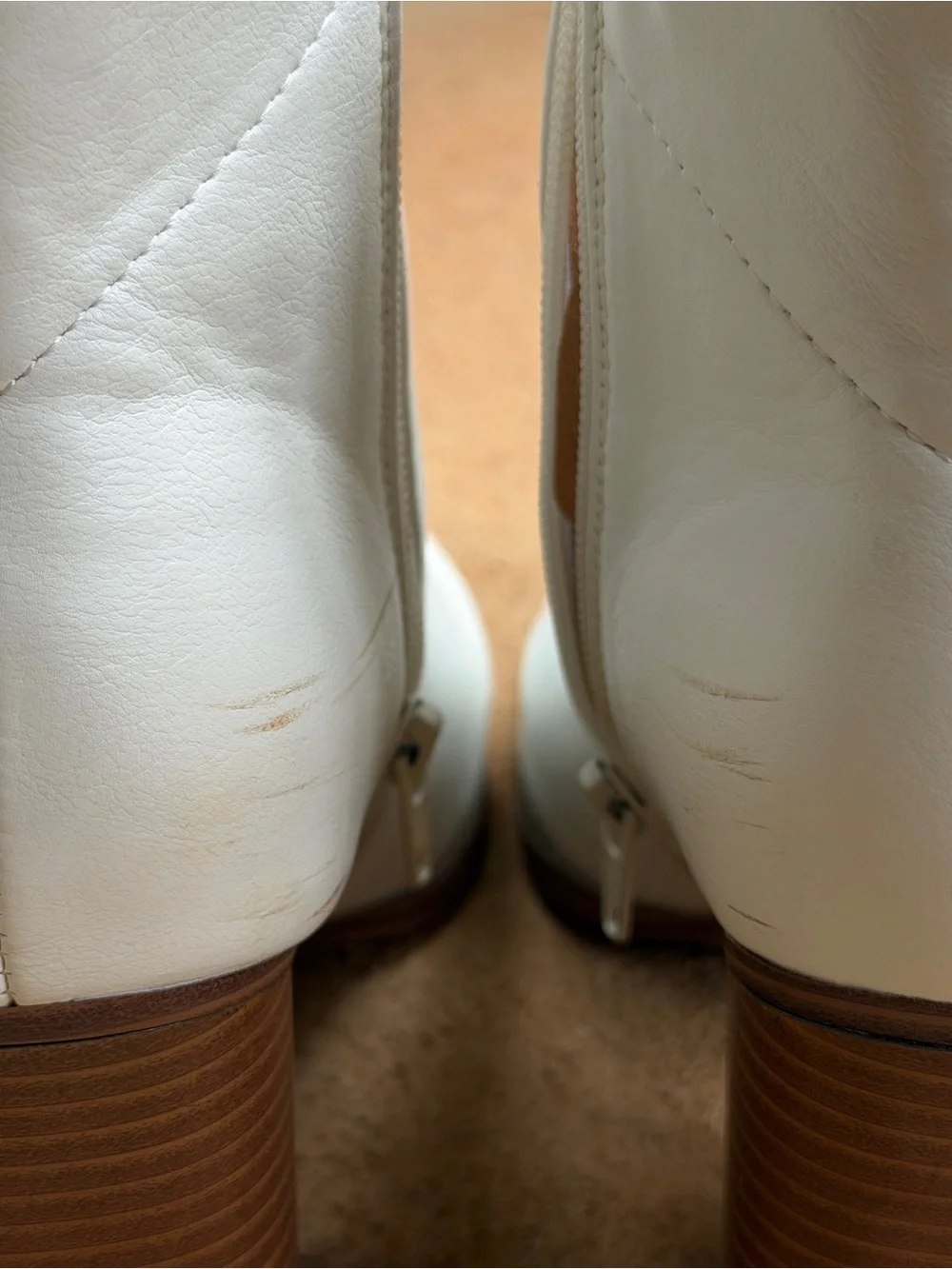 Indigo White Leather Ankle Booties with Stacked Brown Block Heel
